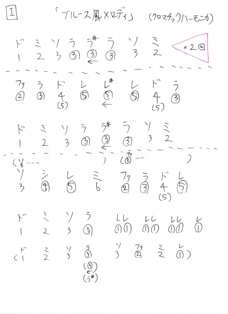 ハーモニカでブルース風なメロディ ２パターン ☆超手書きドレミ楽譜☆（クロマチックハーモニカ＆10穴・ブルースハープ）
