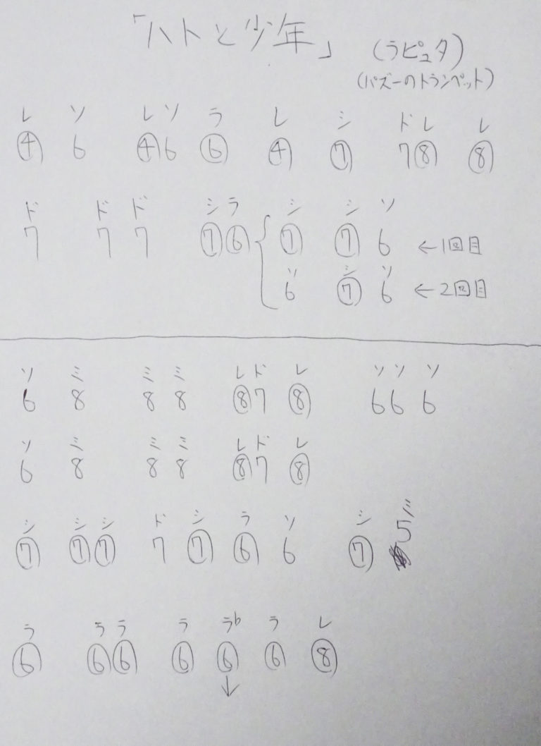 【ハトと少年】(天空の城ラピュタでパズーがトランペットで吹いている曲) ハーモニカ☆超手書き☆ドレミ楽譜（ブルースハープ）